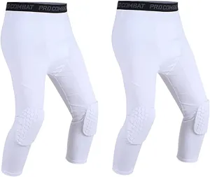 2 Pack Men's Basketball Pants with Knee Pads 3/4 Capri Padded Compression Tights Leggings Sports Athletic Baselayer