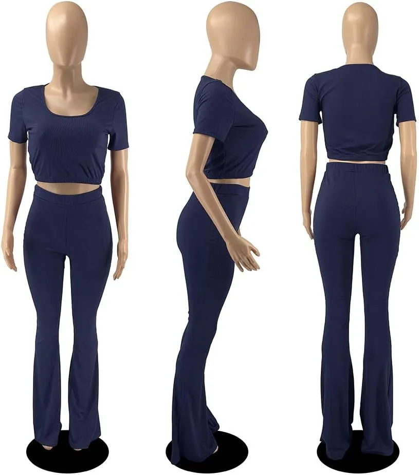 2 Piece Outfits for Women Workout Sets - Sexy Crop Top   High Waisted Flared Long Pant Sets Track Suits Yoga Sports