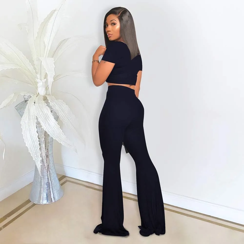 2 Piece Outfits for Women Workout Sets - Sexy Crop Top   High Waisted Flared Long Pant Sets Track Suits Yoga Sports