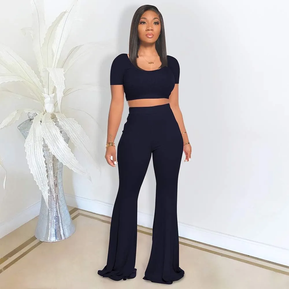 2 Piece Outfits for Women Workout Sets - Sexy Crop Top   High Waisted Flared Long Pant Sets Track Suits Yoga Sports