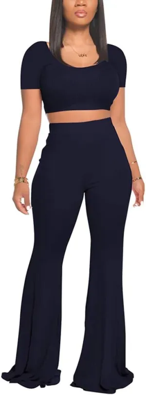 2 Piece Outfits for Women Workout Sets - Sexy Crop Top   High Waisted Flared Long Pant Sets Track Suits Yoga Sports