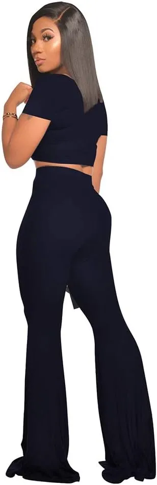 2 Piece Outfits for Women Workout Sets - Sexy Crop Top   High Waisted Flared Long Pant Sets Track Suits Yoga Sports
