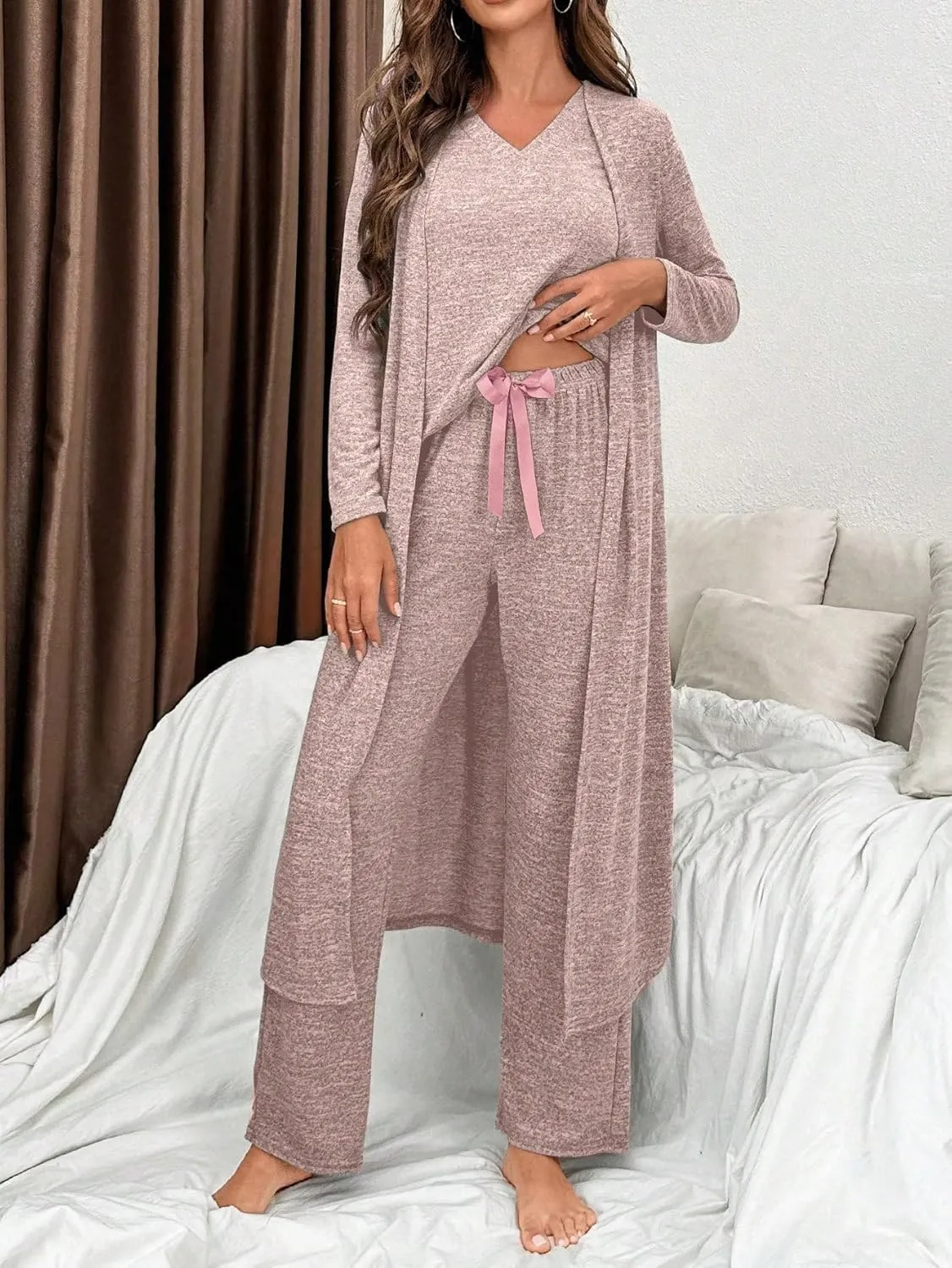 3-Piece Pajama Set for Women  Lounge sets for women includes V-Neck Short Sleeve Top, Long Pants, and a Robe