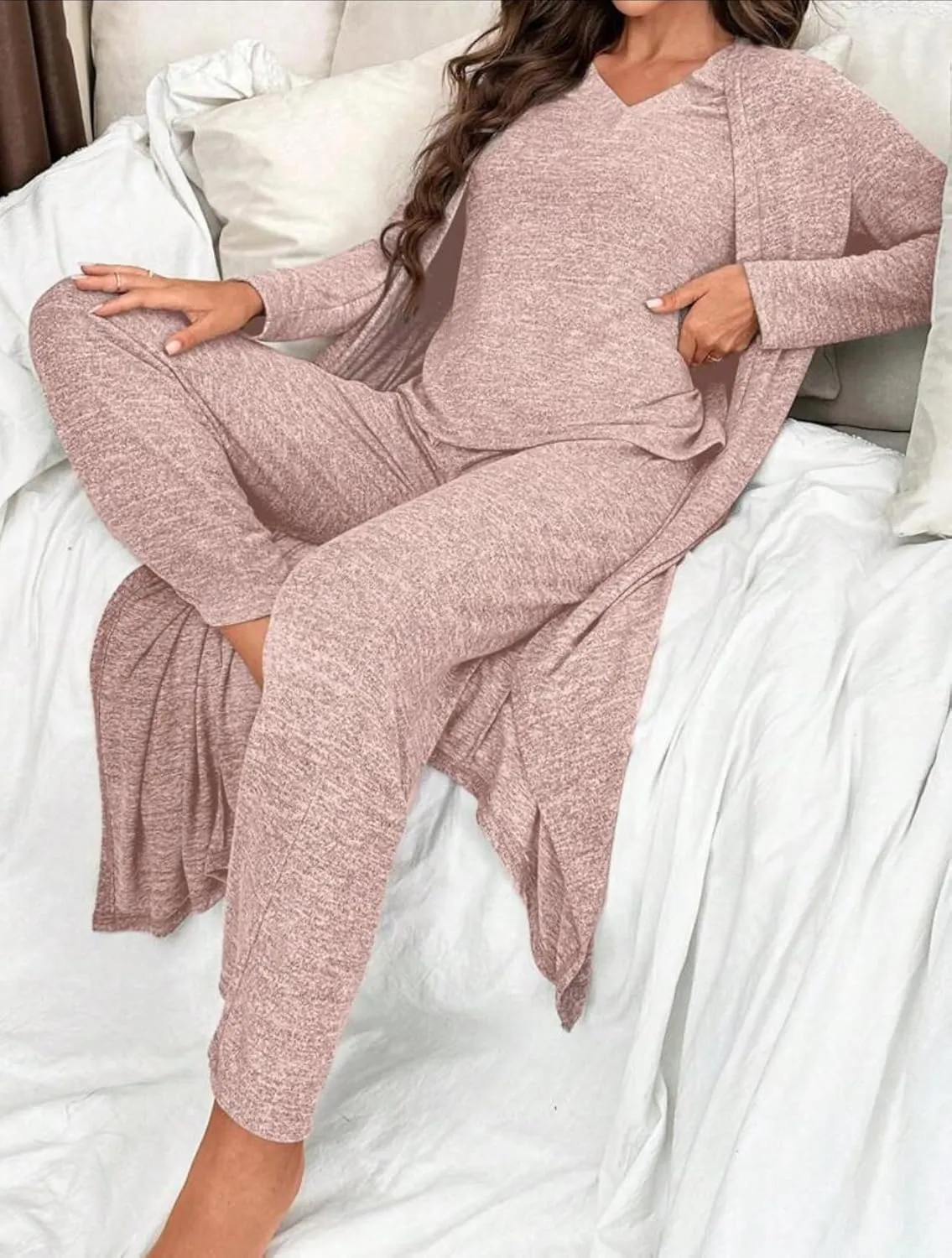 3-Piece Pajama Set for Women  Lounge sets for women includes V-Neck Short Sleeve Top, Long Pants, and a Robe