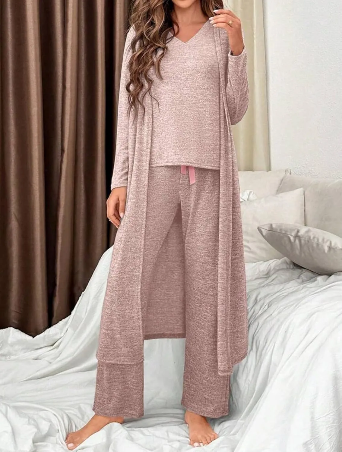 3-Piece Pajama Set for Women  Lounge sets for women includes V-Neck Short Sleeve Top, Long Pants, and a Robe
