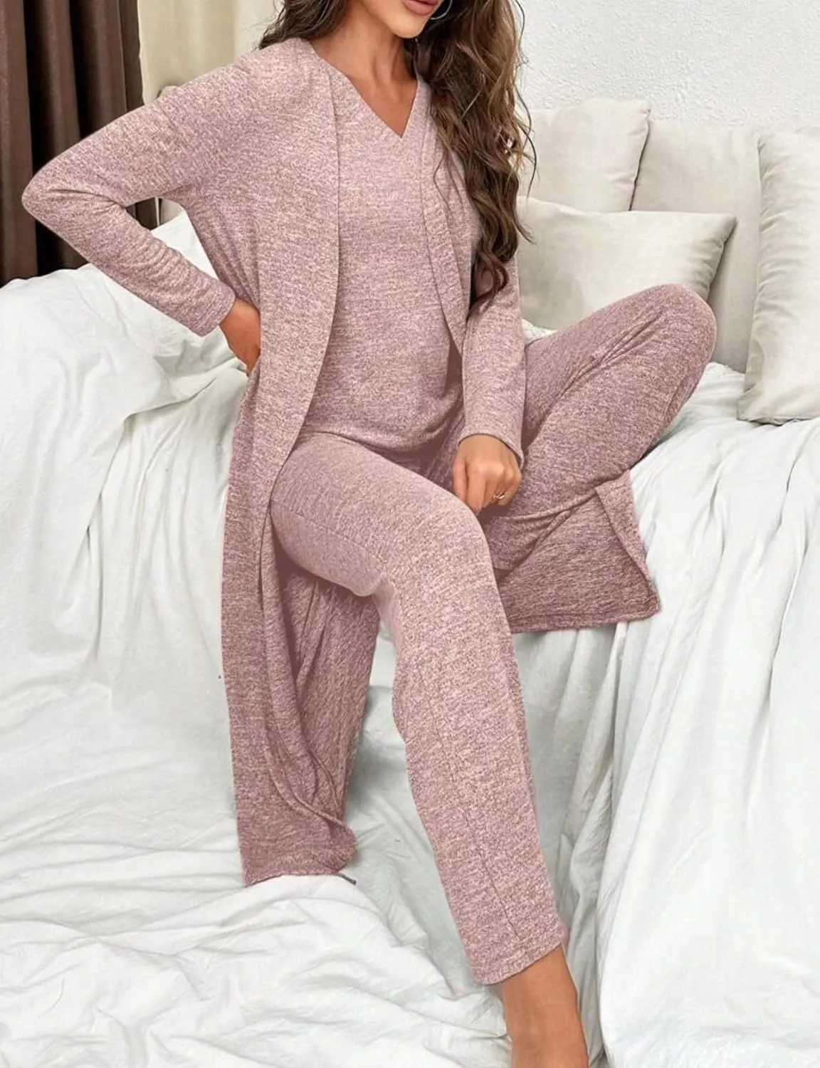 3-Piece Pajama Set for Women  Lounge sets for women includes V-Neck Short Sleeve Top, Long Pants, and a Robe