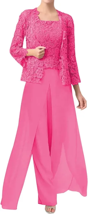 3 Pieces Mother of The Bride Dresses Pant Suits Chiffon Laces Jacket Mother Groom Dresses for Wedding