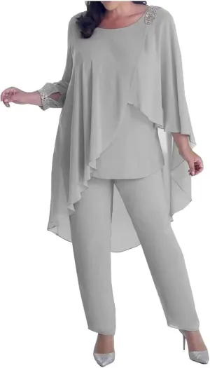3 Pieces Pant Suits Mother of The Bride Dresses for Wedding Chiffon Beaded Formal Gowns with Sleeves