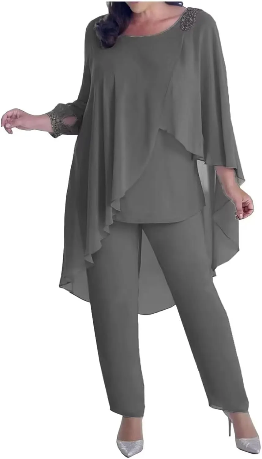 3 Pieces Pant Suits Mother of The Bride Dresses for Wedding Chiffon Beaded Formal Gowns with Sleeves