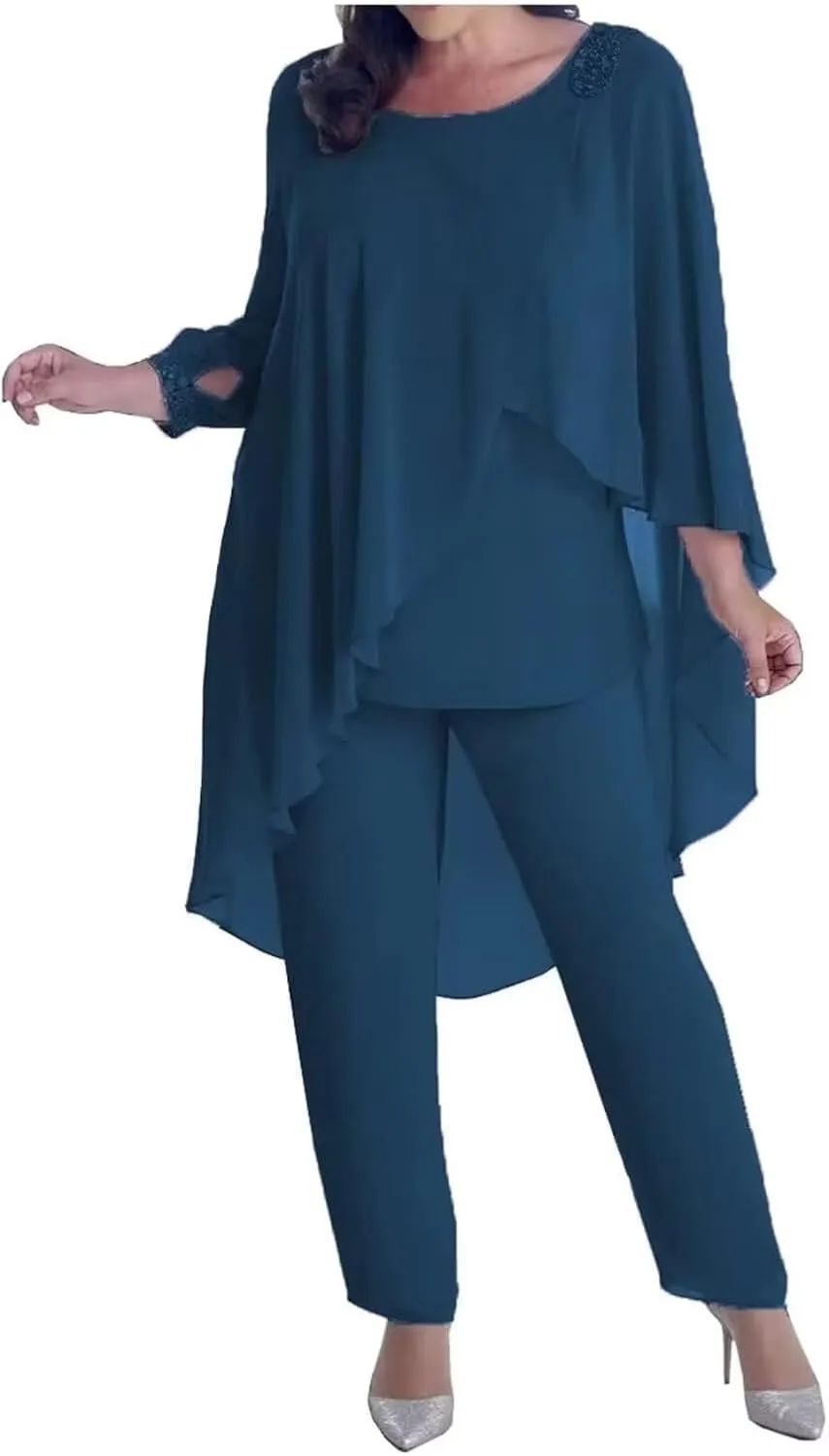 3 Pieces Pant Suits Mother of The Bride Dresses for Wedding Chiffon Beaded Formal Gowns with Sleeves