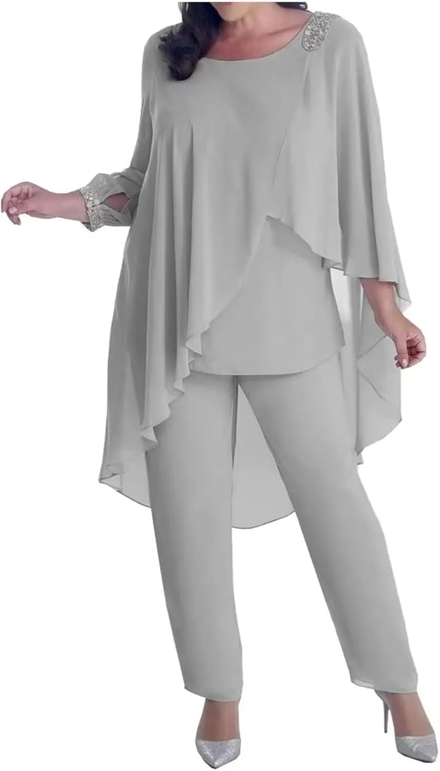 3 Pieces Pant Suits Mother of The Bride Dresses for Wedding Chiffon Beaded Formal Gowns with Sleeves