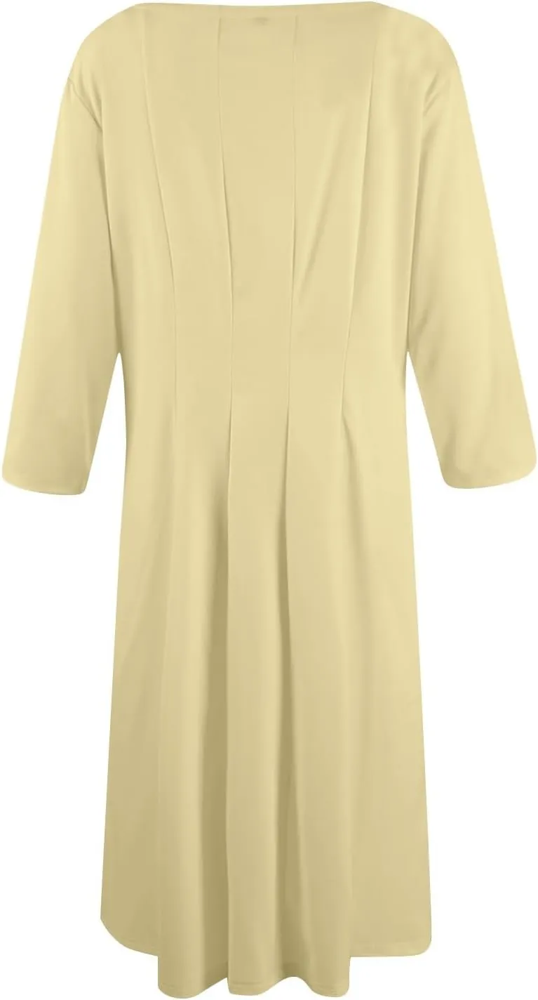 3/4 Sleeve Midi Dresses for Women 2024 Fashion Solid Color Pleated Dress Casual Plus Size Crewneck Dress with Pockets