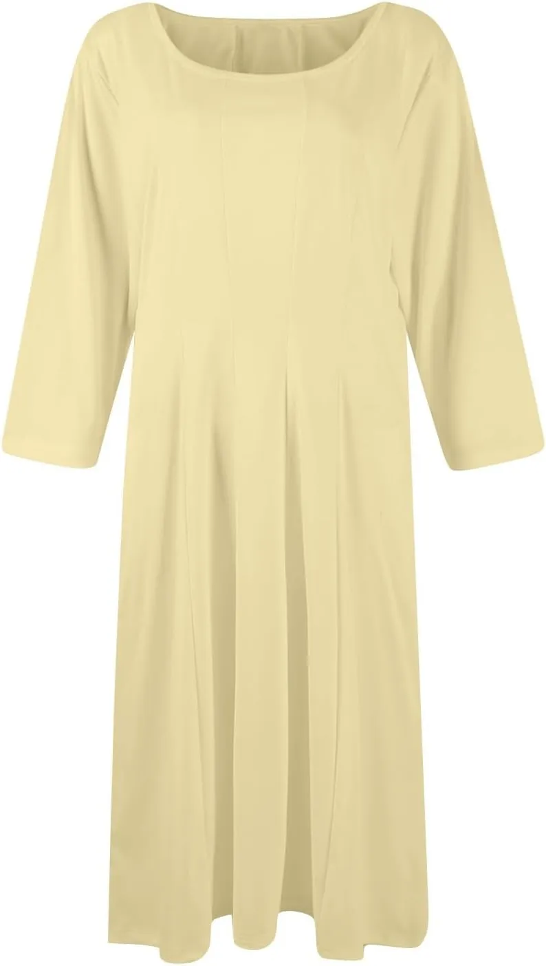 3/4 Sleeve Midi Dresses for Women 2024 Fashion Solid Color Pleated Dress Casual Plus Size Crewneck Dress with Pockets