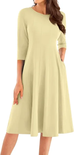 3/4 Sleeve Midi Dresses for Women 2024 Fashion Solid Color Pleated Dress Casual Plus Size Crewneck Dress with Pockets