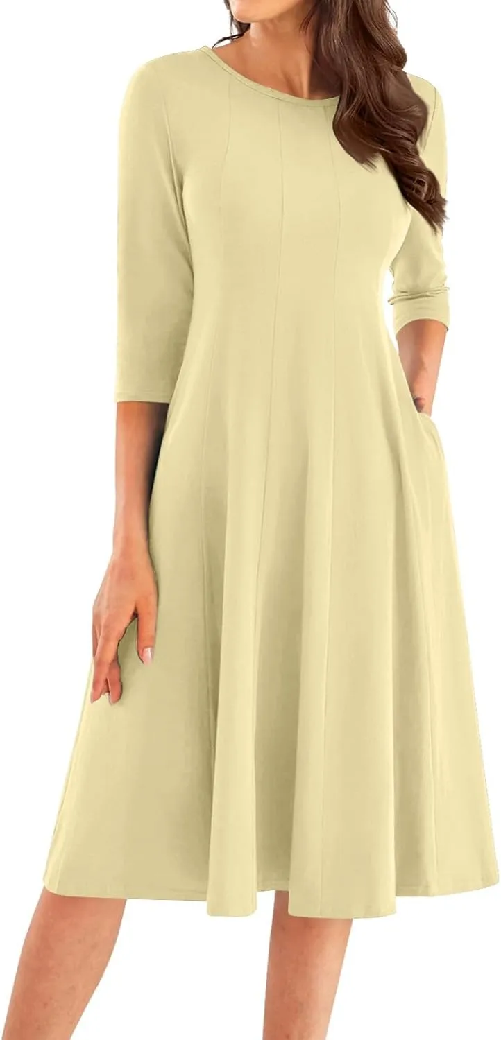 3/4 Sleeve Midi Dresses for Women 2024 Fashion Solid Color Pleated Dress Casual Plus Size Crewneck Dress with Pockets