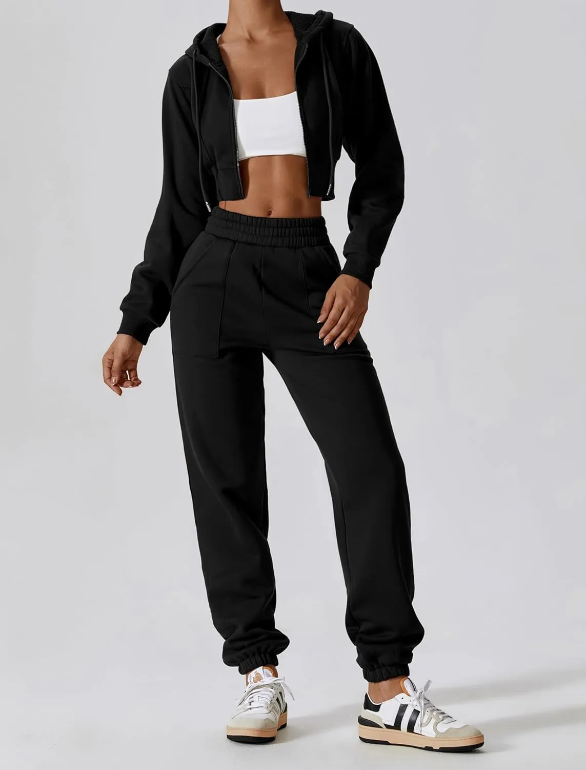 ABOCIW Women's Two Piece Outfits Sweatsuit Fleece Long Sleeve Zip Up Hoodies Cropped Sweatshirts Sweatpants Jogger Set