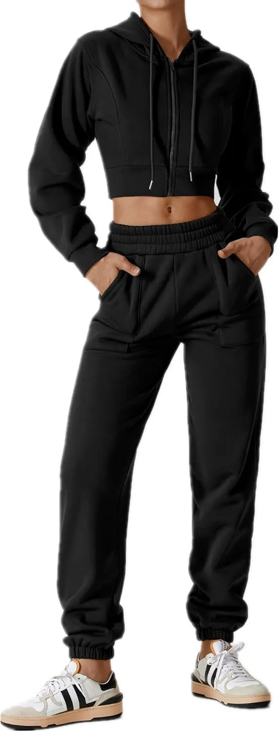 ABOCIW Women's Two Piece Outfits Sweatsuit Fleece Long Sleeve Zip Up Hoodies Cropped Sweatshirts Sweatpants Jogger Set