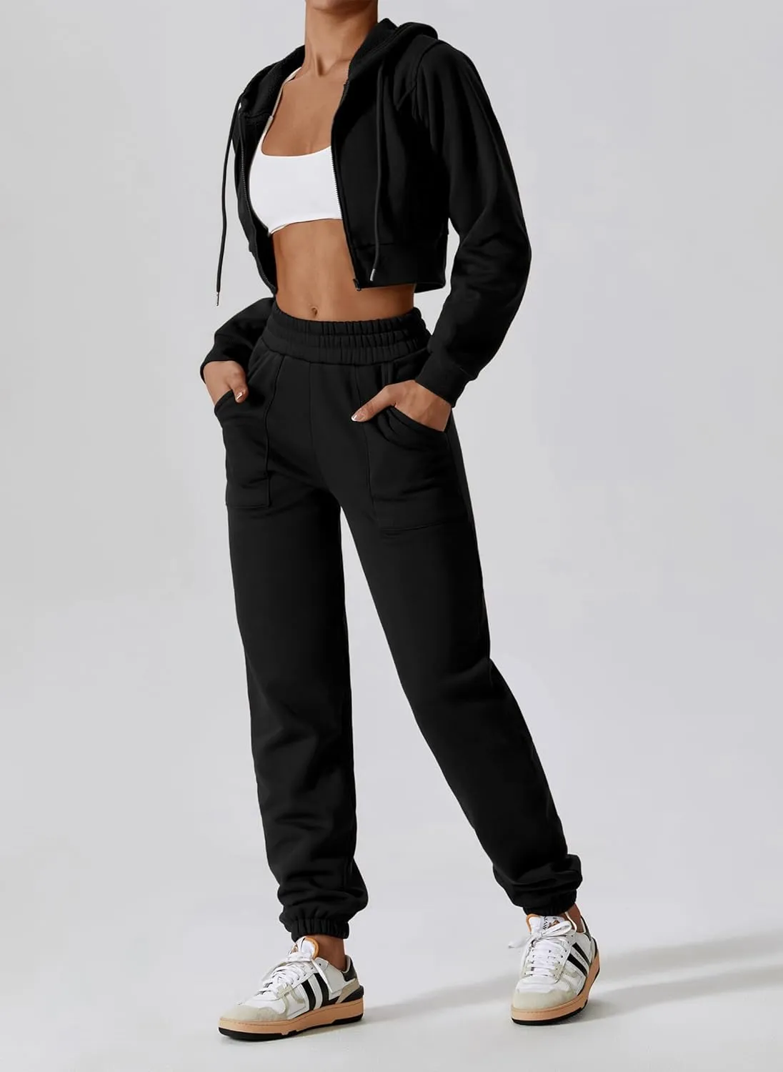 ABOCIW Women's Two Piece Outfits Sweatsuit Fleece Long Sleeve Zip Up Hoodies Cropped Sweatshirts Sweatpants Jogger Set