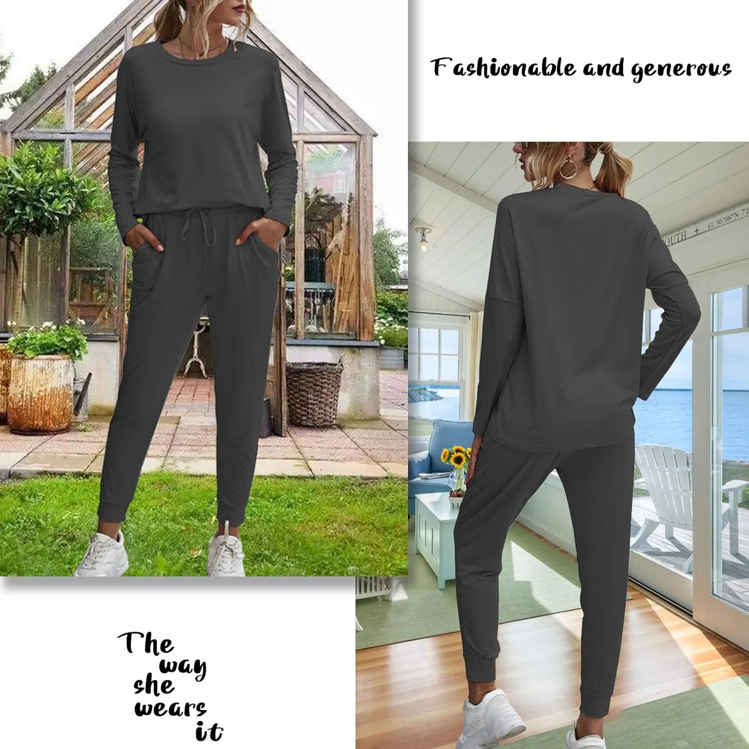 ACOSAP Women Casual Outfit Solid 2 Piece Outfit Long Sleeve Crewneck Pullover Tops and Long Pants Sweatsuits Tracksuits