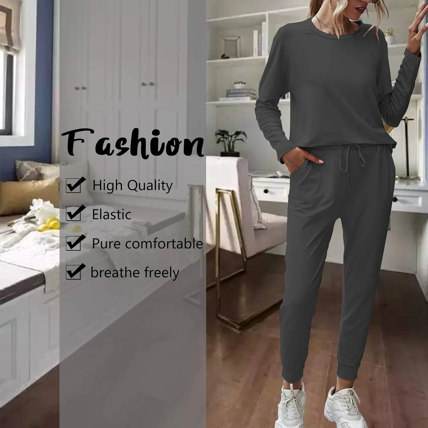 ACOSAP Women Casual Outfit Solid 2 Piece Outfit Long Sleeve Crewneck Pullover Tops and Long Pants Sweatsuits Tracksuits