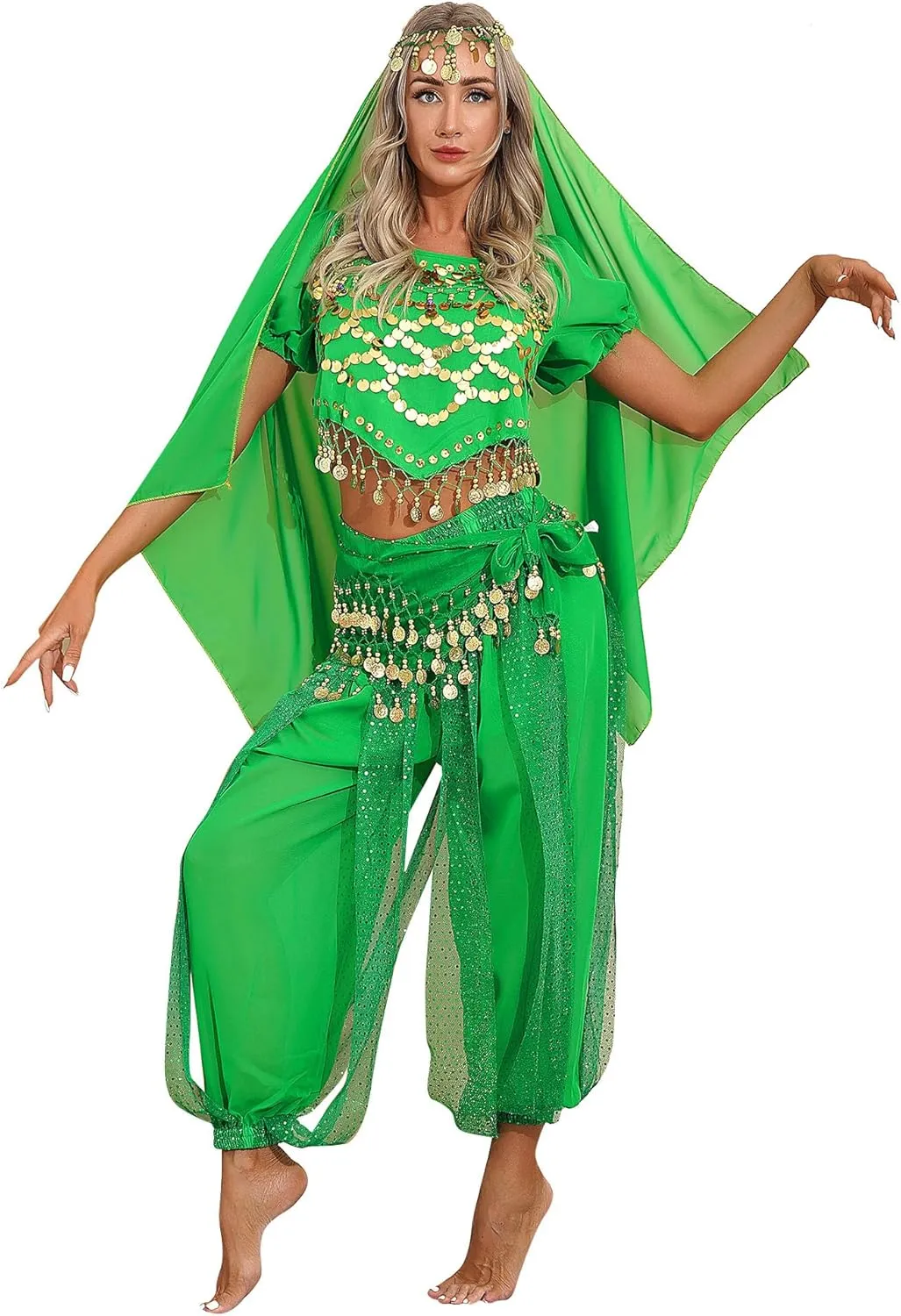 ACSUSS Womens Belly Dance Outfits Sequins Top with Harem Pants Set Hip Scarf Dance Costume