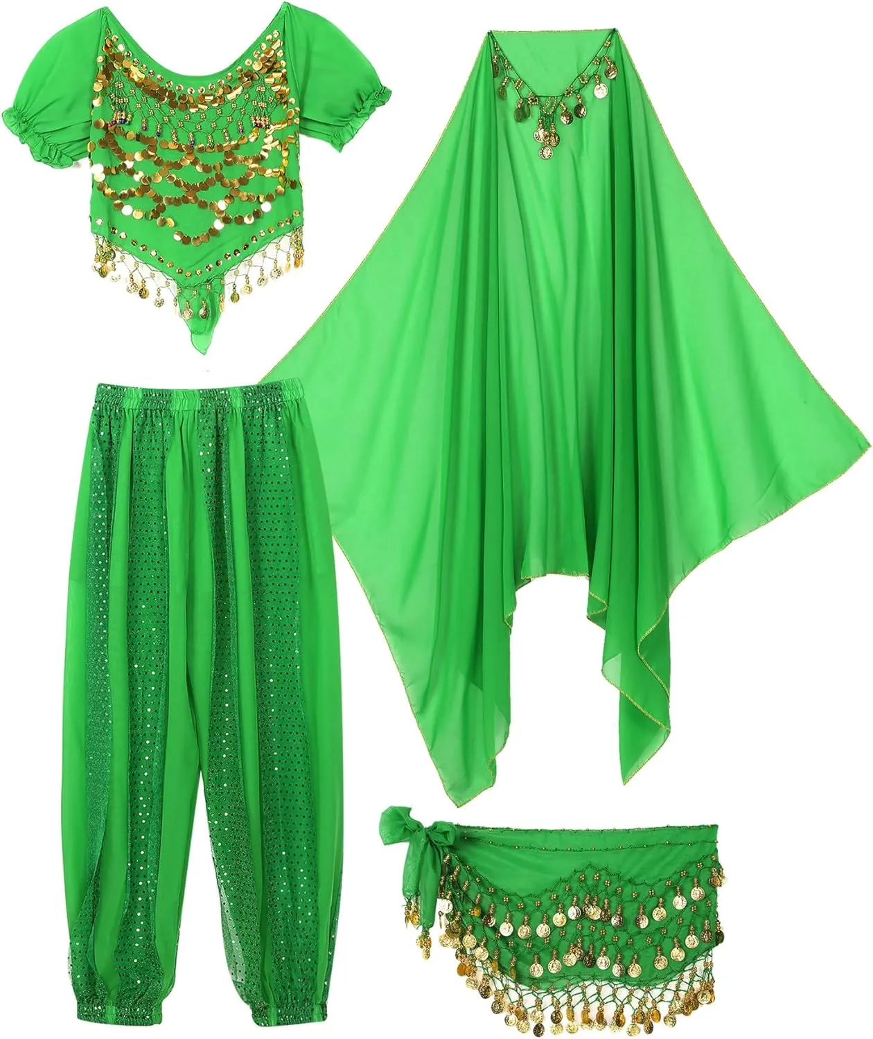 ACSUSS Womens Belly Dance Outfits Sequins Top with Harem Pants Set Hip Scarf Dance Costume
