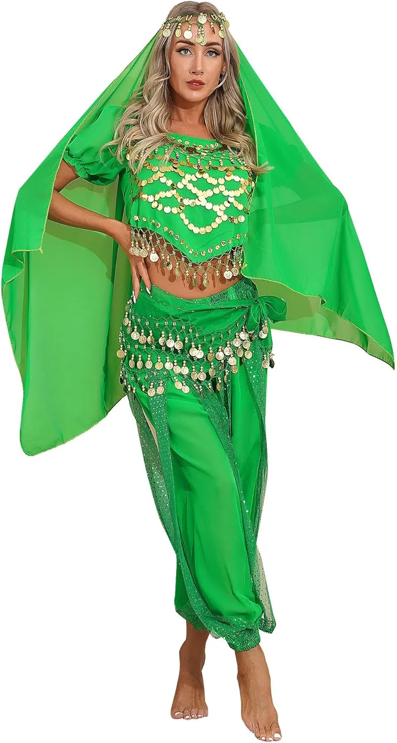 ACSUSS Womens Belly Dance Outfits Sequins Top with Harem Pants Set Hip Scarf Dance Costume
