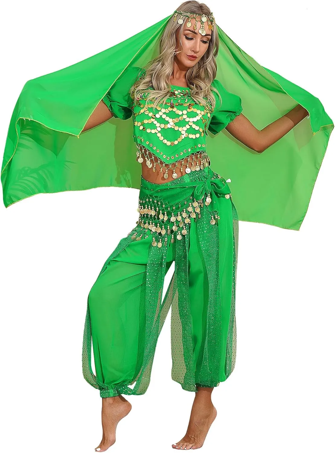ACSUSS Womens Belly Dance Outfits Sequins Top with Harem Pants Set Hip Scarf Dance Costume