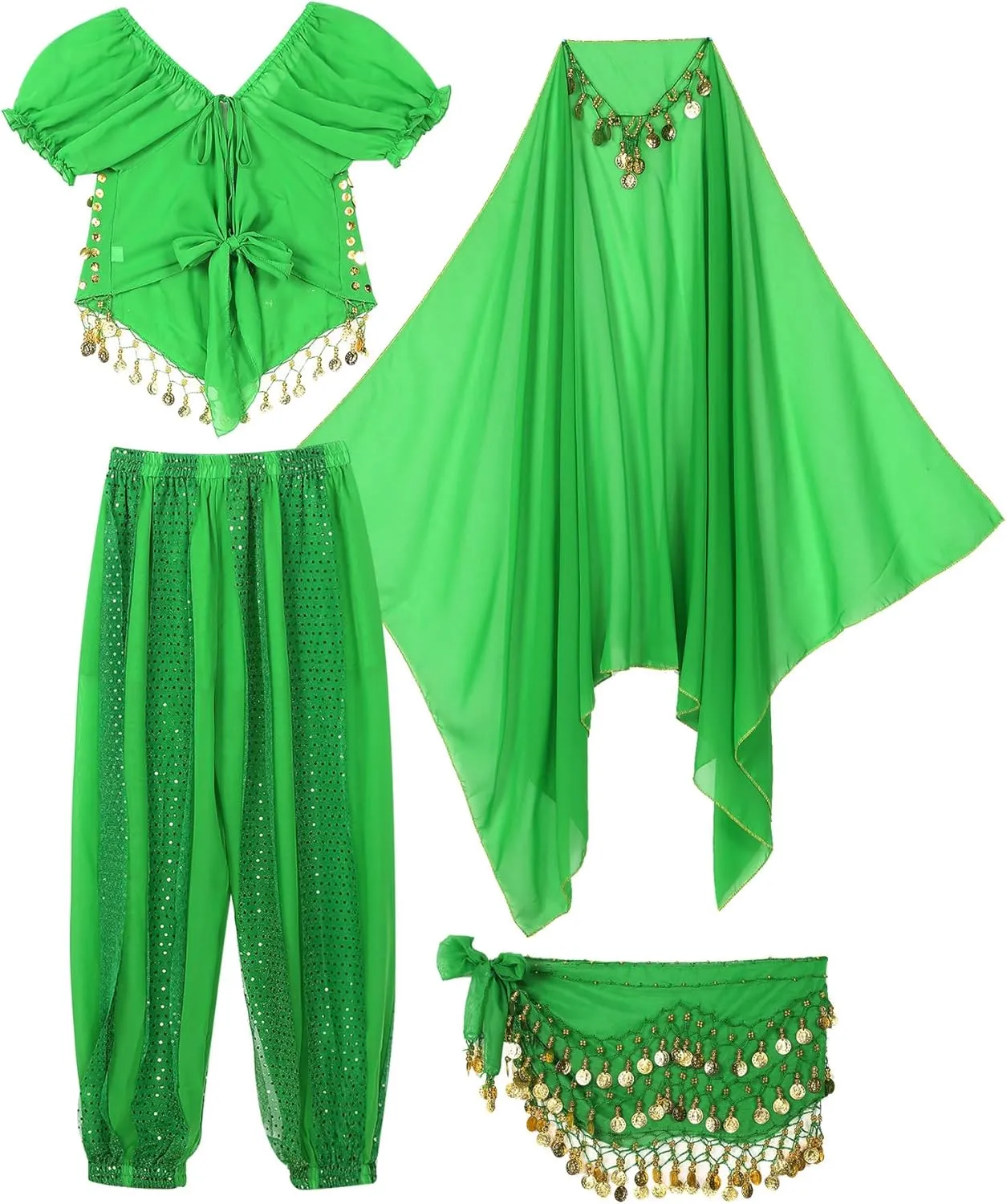 ACSUSS Womens Belly Dance Outfits Sequins Top with Harem Pants Set Hip Scarf Dance Costume