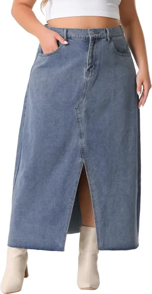 Agnes Orinda Women's Plus Size Vintage Denim Maxi Skirt Frayed Raw Hem High Waist Front Slit Long Jean Skirts