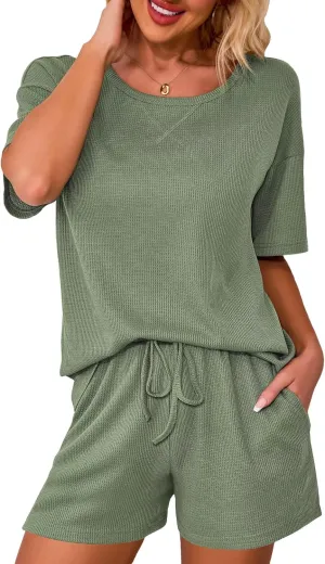 Ahlaray Women's 2 Piece Outfits Casual Summer Short Sleeve Tops and Shorts Lounge Sets With Pockets,M-3XL