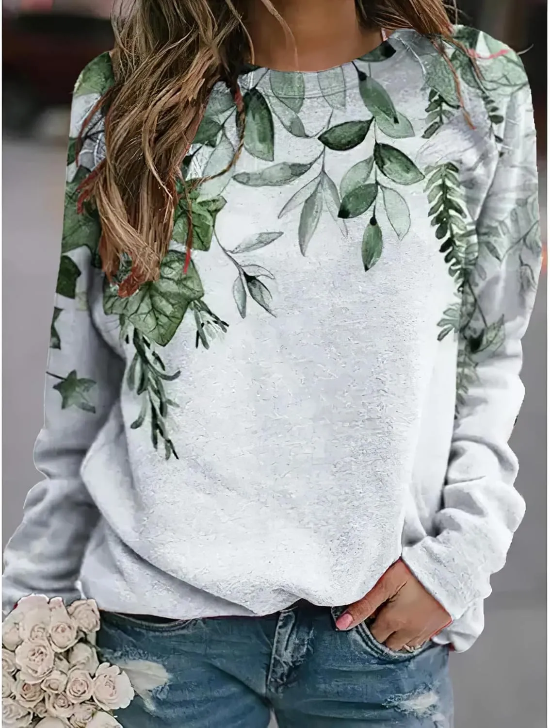 Akivide Women's Flower Graphic Printed Long Sleeve Crewneck Sweatshirt Fall Casual Loose Plus Size Pullover Tops for Women
