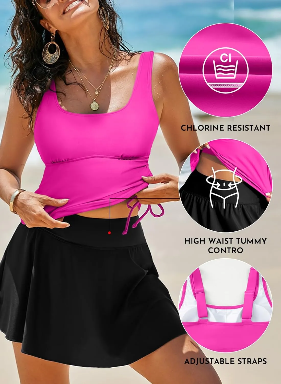 Aleumdr Tankini Swimsuits for Women Swim Dress Two Piece Bathing Suit Square Neck Drawstring Tankini Tops with Skirt