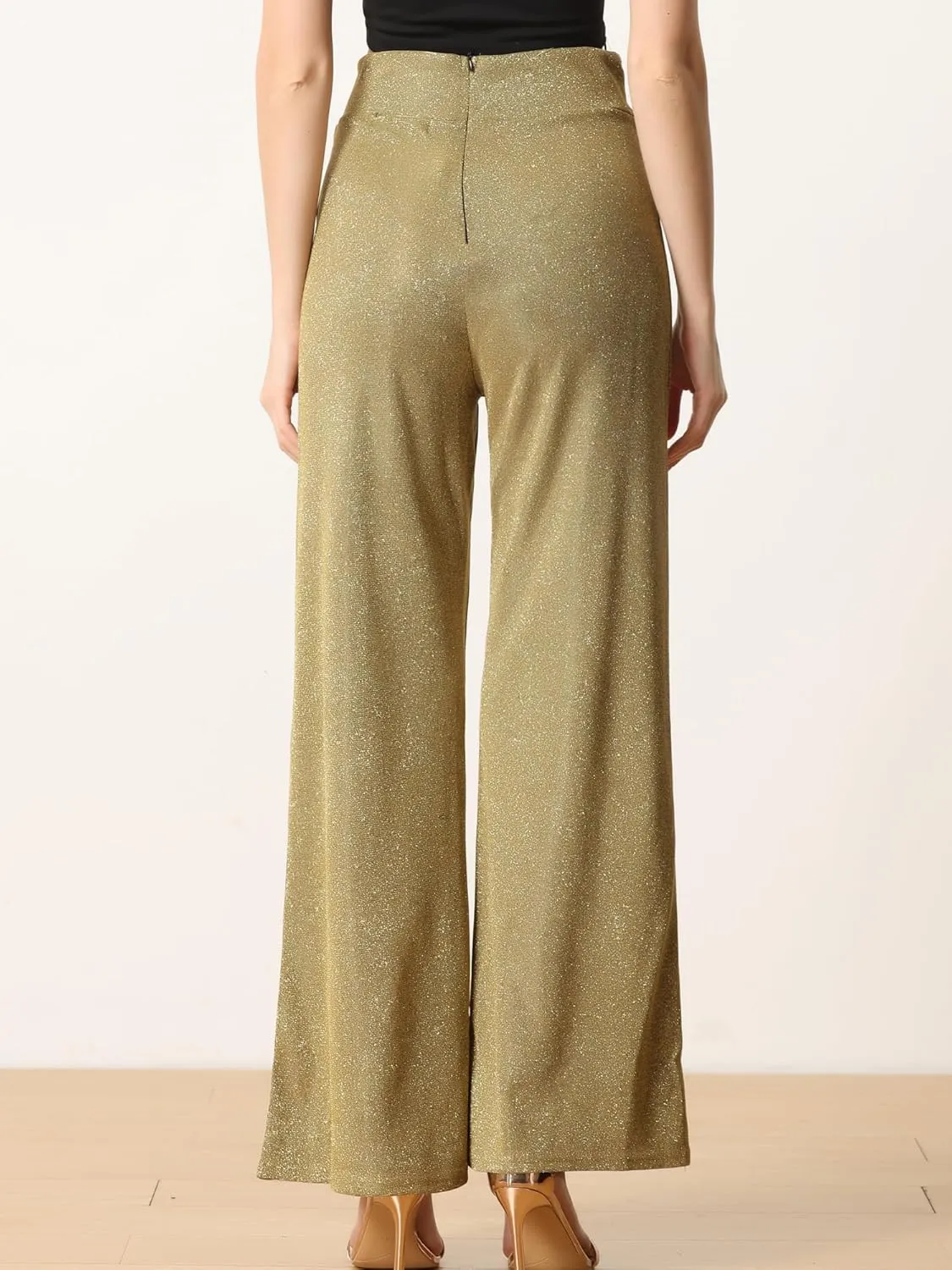 Allegra K Women's Sparkly Glitter Pants Wide Leg Palazzo Pants Shiny Party High Waist Trousers