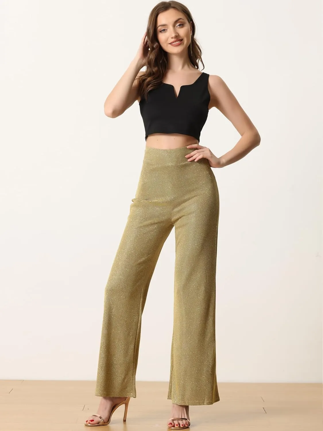 Allegra K Women's Sparkly Glitter Pants Wide Leg Palazzo Pants Shiny Party High Waist Trousers