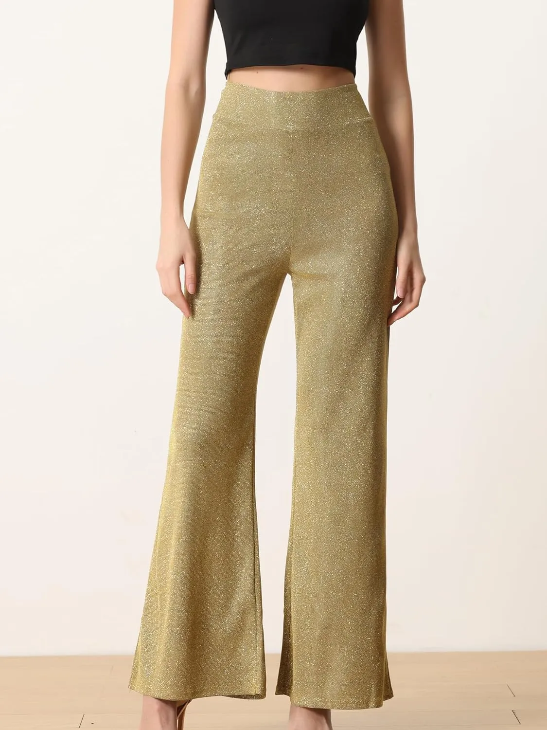 Allegra K Women's Sparkly Glitter Pants Wide Leg Palazzo Pants Shiny Party High Waist Trousers