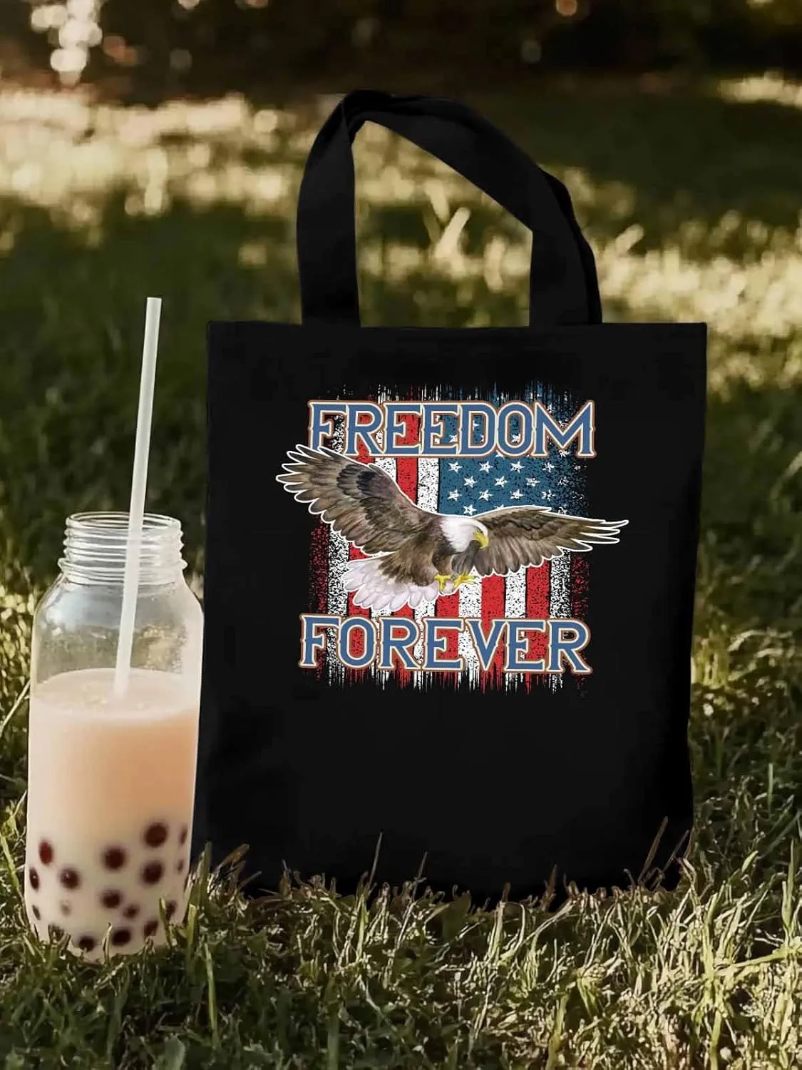 American Flag Eagle Red Blue Canvas Tote Bag, Aesthetic Canvas Tote Handbags for Women Shoulder Bag