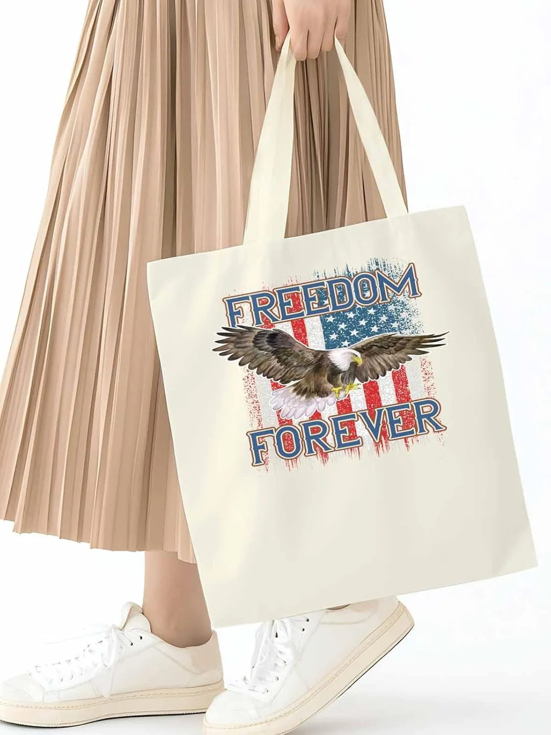 American Flag Eagle Red Blue Canvas Tote Bag, Aesthetic Canvas Tote Handbags for Women Shoulder Bag