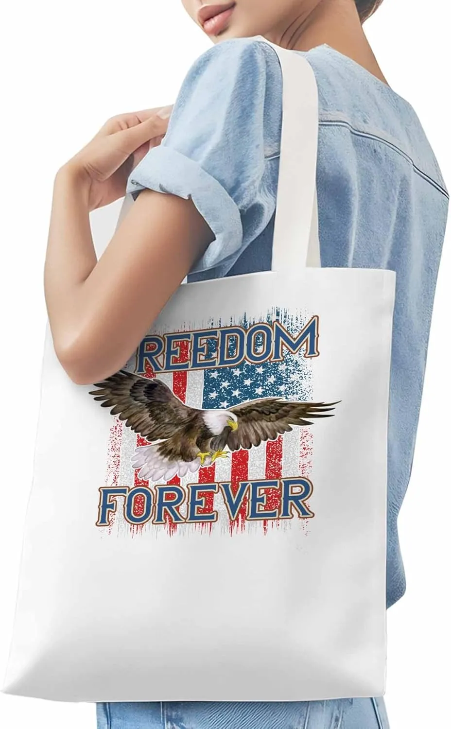 American Flag Eagle Red Blue Canvas Tote Bag, Aesthetic Canvas Tote Handbags for Women Shoulder Bag