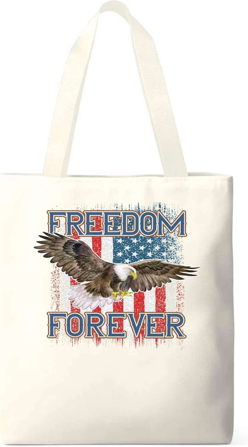 American Flag Eagle Red Blue Canvas Tote Bag, Aesthetic Canvas Tote Handbags for Women Shoulder Bag