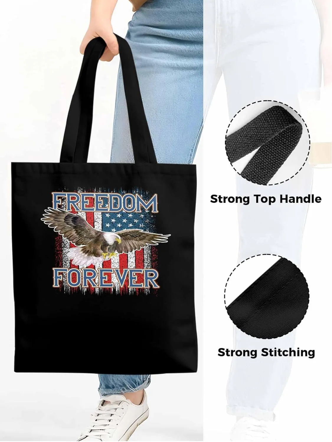 American Flag Eagle Red Blue Canvas Tote Bag, Aesthetic Canvas Tote Handbags for Women Shoulder Bag