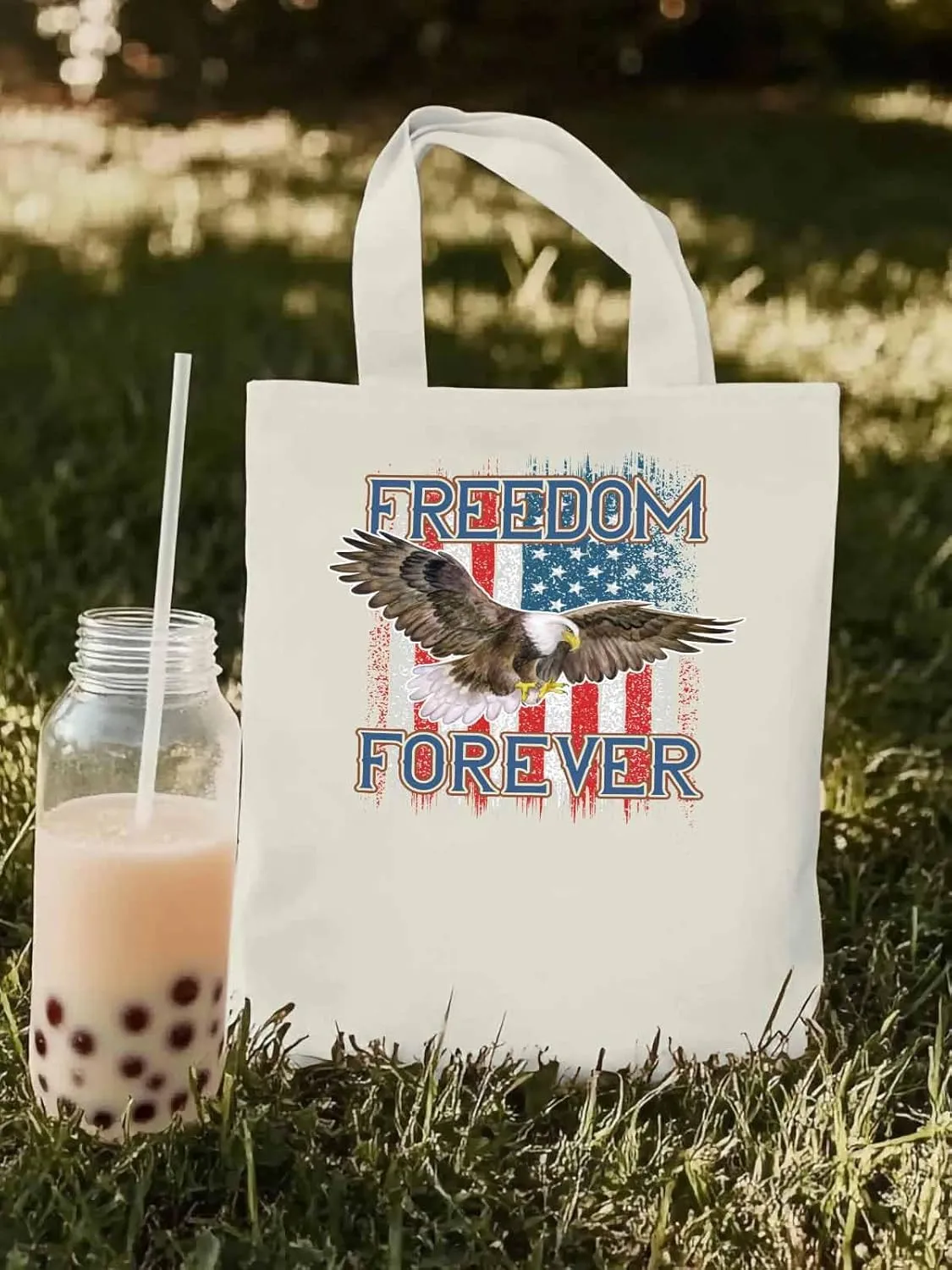 American Flag Eagle Red Blue Canvas Tote Bag, Aesthetic Canvas Tote Handbags for Women Shoulder Bag