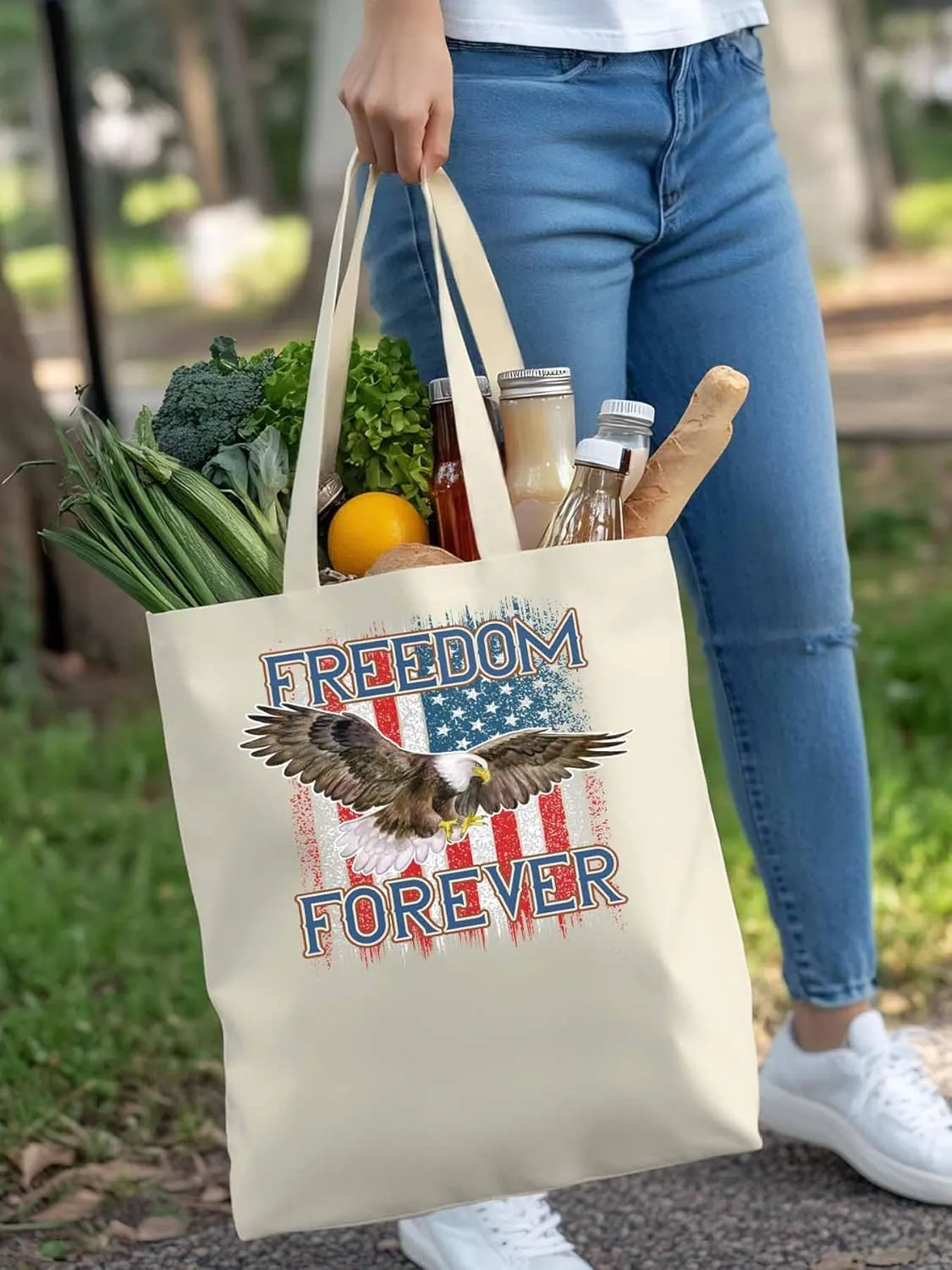 American Flag Eagle Red Blue Canvas Tote Bag, Aesthetic Canvas Tote Handbags for Women Shoulder Bag