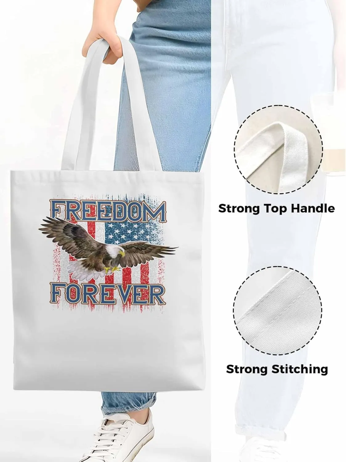 American Flag Eagle Red Blue Canvas Tote Bag, Aesthetic Canvas Tote Handbags for Women Shoulder Bag