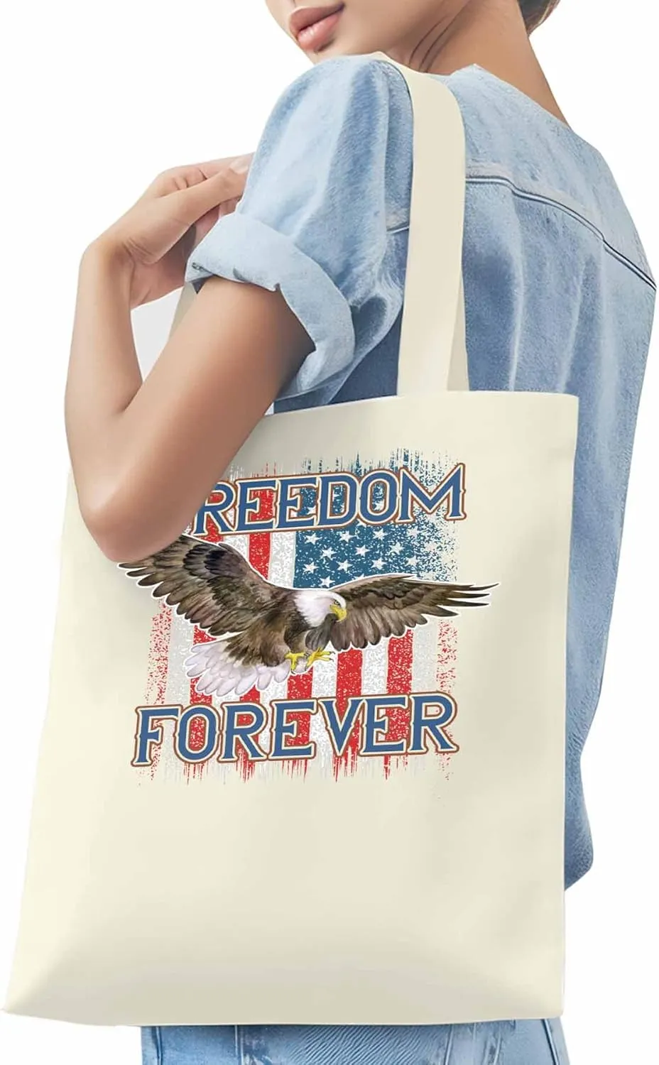 American Flag Eagle Red Blue Canvas Tote Bag, Aesthetic Canvas Tote Handbags for Women Shoulder Bag