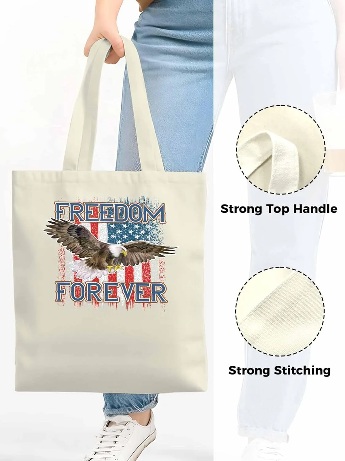 American Flag Eagle Red Blue Canvas Tote Bag, Aesthetic Canvas Tote Handbags for Women Shoulder Bag