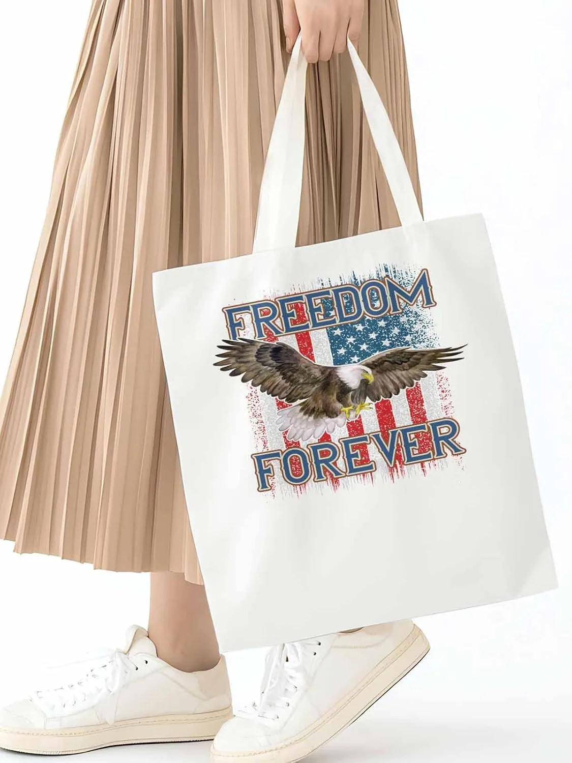 American Flag Eagle Red Blue Canvas Tote Bag, Aesthetic Canvas Tote Handbags for Women Shoulder Bag