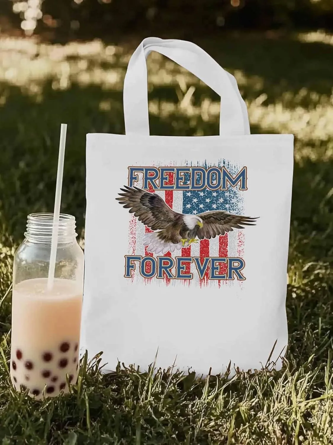 American Flag Eagle Red Blue Canvas Tote Bag, Aesthetic Canvas Tote Handbags for Women Shoulder Bag