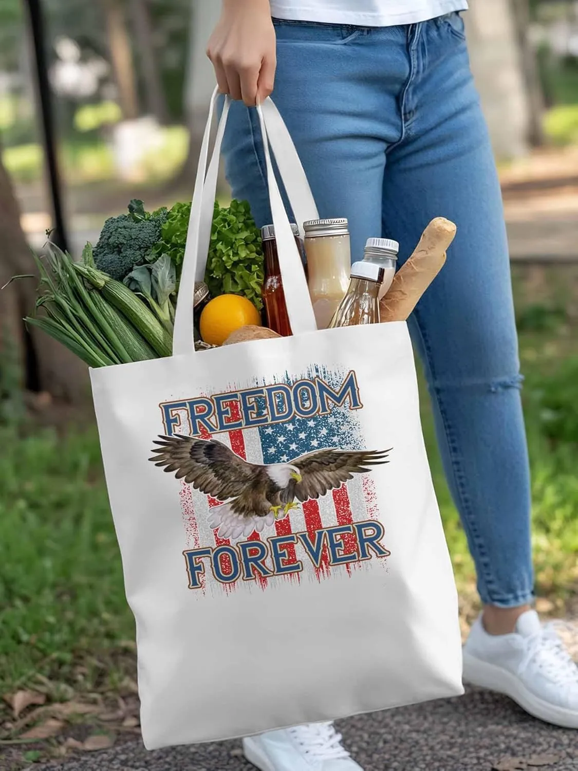 American Flag Eagle Red Blue Canvas Tote Bag, Aesthetic Canvas Tote Handbags for Women Shoulder Bag