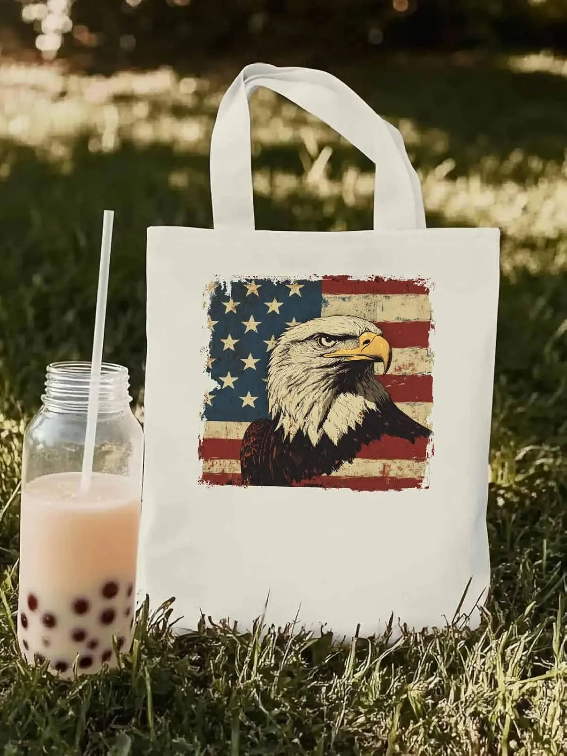 American Flag Eagle Retro Canvas Tote Bag, Aesthetic Canvas Tote Handbags for Women Shoulder Bag